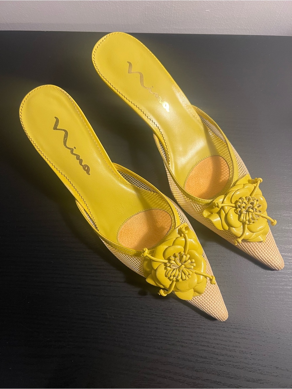 Nina Yellow Pointed-Toe Floral Appliqué Mule with gold kitten heel